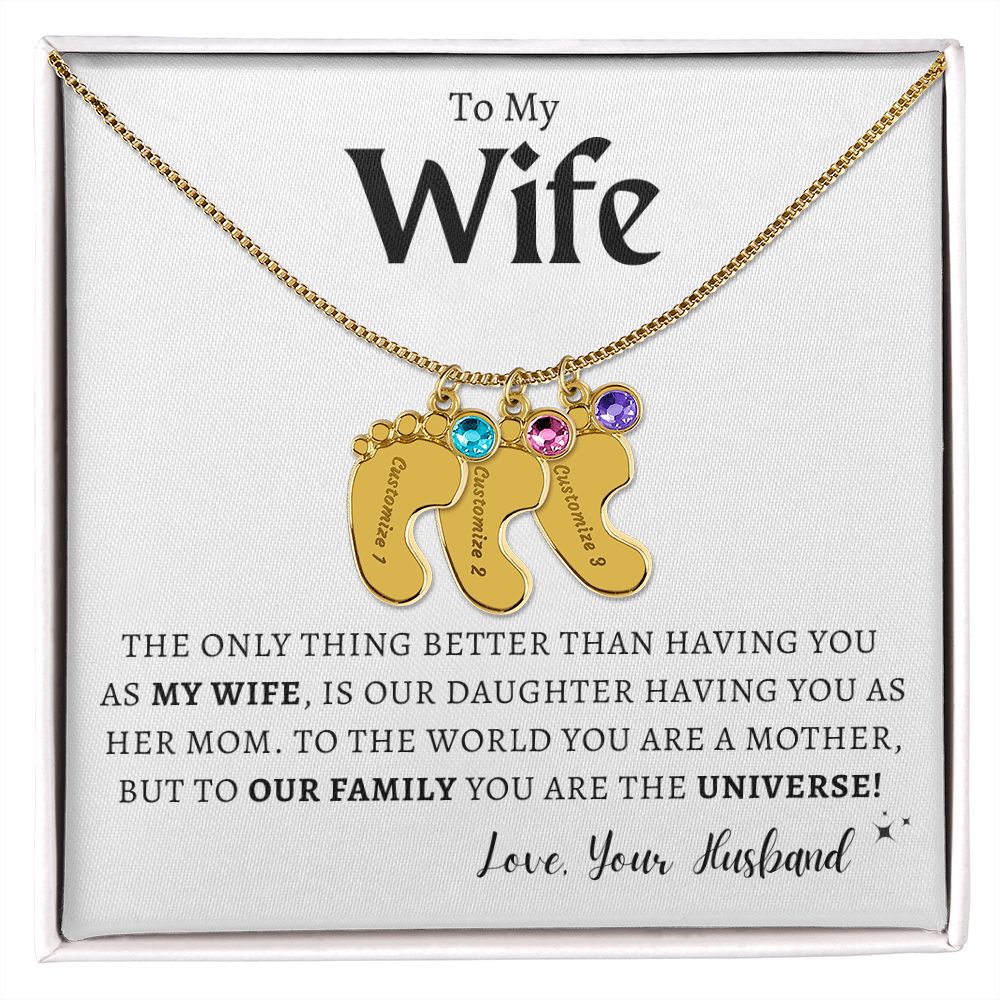 To My Wife, You Are Our World, ONE Child, Daughter Baby Feet Necklace